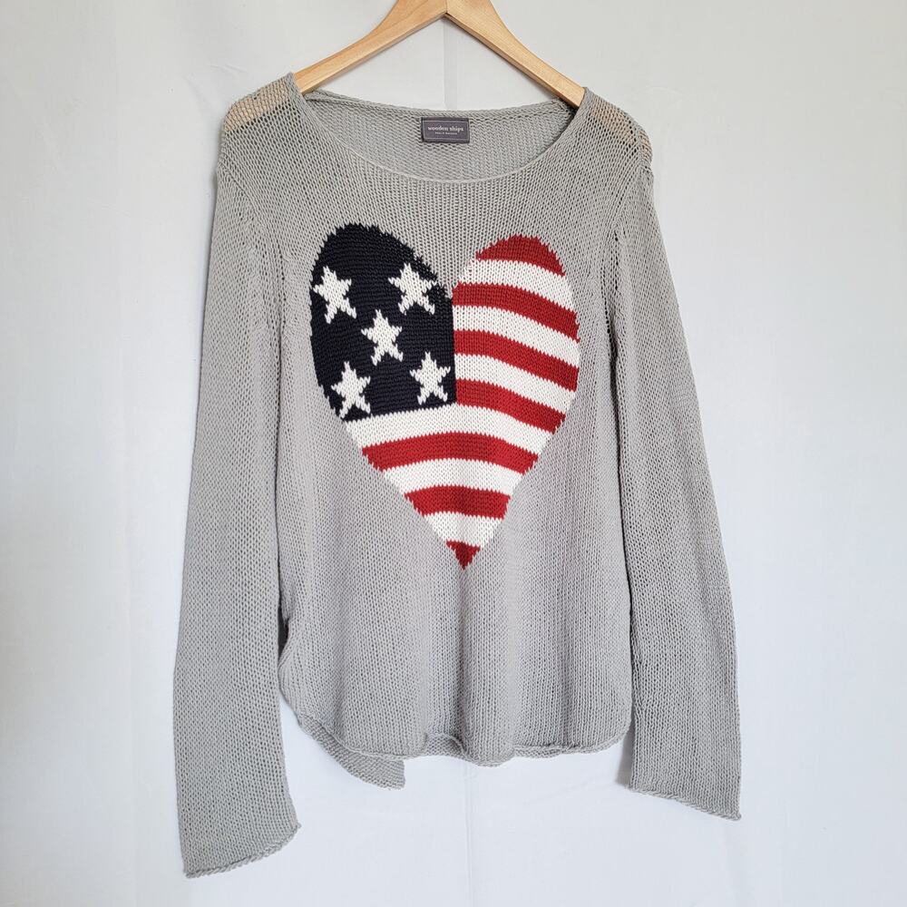 Wooden Ships Gray Scoop Neck Sweater with American Flag Heart